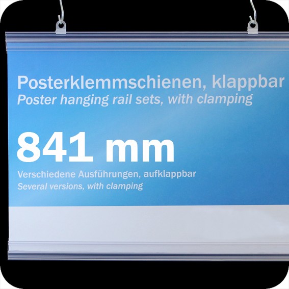 Plastikinių laikiklių komplektas plakatams, 841mm, su 2 kabliukais, skaidrūs (1 pora)