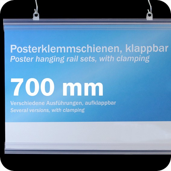 Plastikinių laikiklių komplektas plakatams, 700mm, su 2 kabliukais, skaidrūs (1 pora)