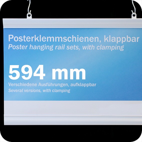 Plastikinių laikiklių komplektas plakatams, 594mm, su 2 kabliukais, balti (1 pora)