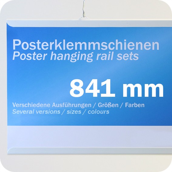 Plastikinių laikiklių komplektas plakatams, 841mm, su 2 kabliukais, balti (1 pora)