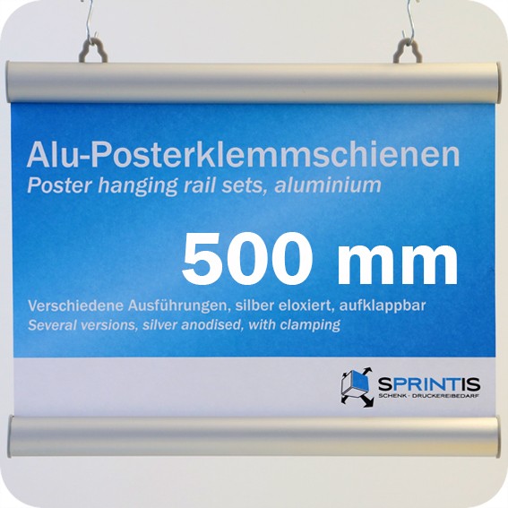 Laikiklių komplektas plakatams, 500mm, su 2 kabliukais, aliuminio rėmas (1 pora)