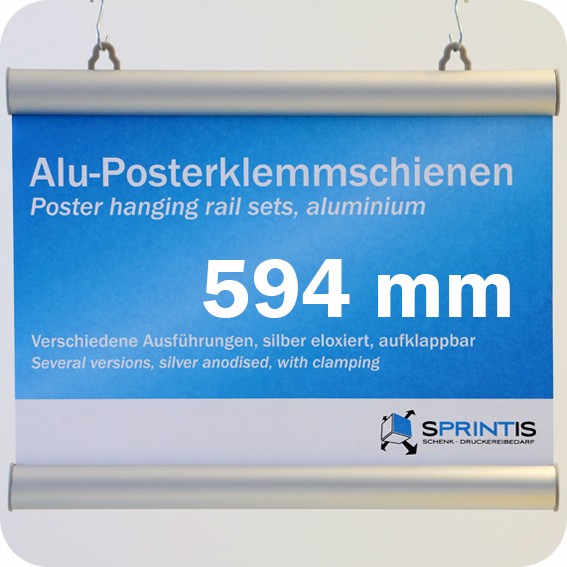 Laikiklių komplektas plakatams, 594mm, su 2 kabliukais, aliuminio rėmas (1 pora)