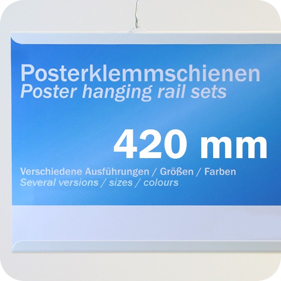 Plastikinių laikiklių komplektas plakatams, 420mm, su 2 kabliukais, balti (1 pora)