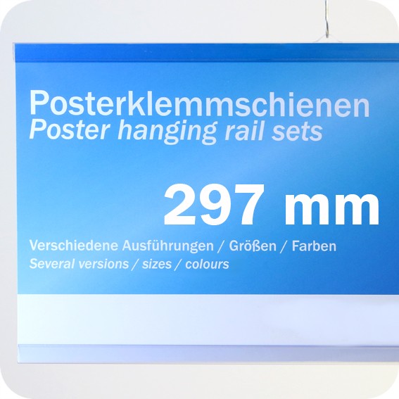 Plastikinių laikiklių komplektas plakatams, 297mm, su 1 kabliuku, skaidrūs (1 pora)
