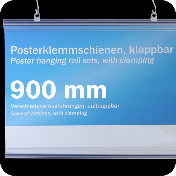 Plastikinių laikiklių komplektas plakatams, 900mm, su 2 kabliukais, skaidrūs (1 pora)