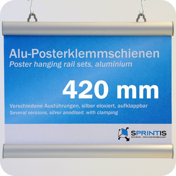 Laikiklių komplektas plakatams, 420mm, su 2 kabliukais, aliuminio rėmas (1 pora)