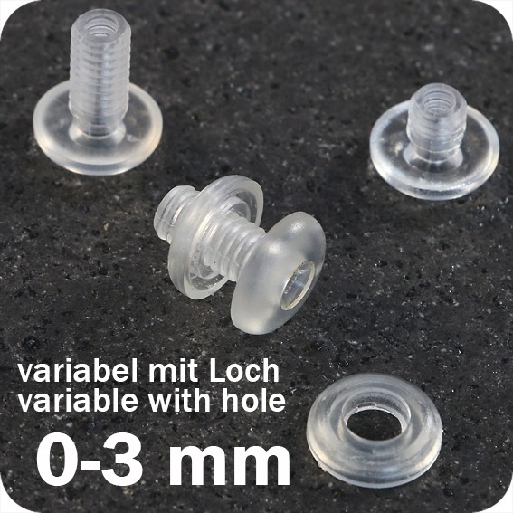 Užsukamos plastikinės spaudės su skyle, skaidrios, ilgis 0-3mm