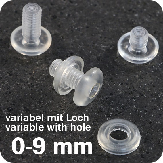 Užsukamos plastikinės spaudės su skyle, skaidrios, ilgis 0-9mm