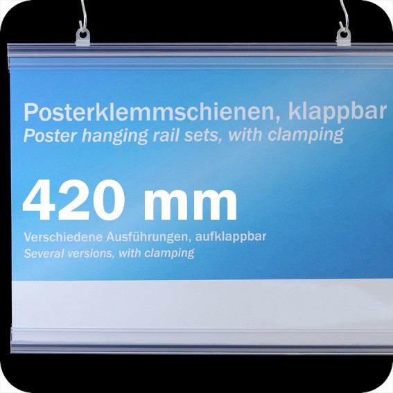 Plastikinių laikiklių komplektas plakatams, 420mm, su 2 kabliukais, skaidrūs (1 pora)